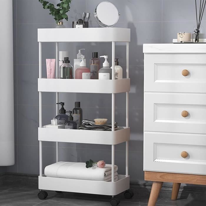 Chariot De Salle De Bain Roulant Zeller - Bambou Et MDF Blanc - Neuf