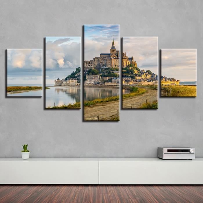 Lingzhishop 56593 Pas De Cadre Toile Peinture Decor Salon Chambre 5 Pieces Mont Saint Michel Affiche Imprime Eglise Batiment Photos Achat Vente Tableau Toile Cdiscount