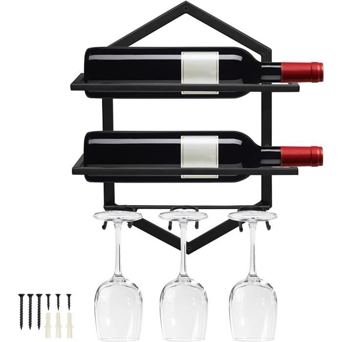 Porte-bouteilles Mural Industriel Avec éclairage LED - 100 Cm, 3 étages, Support Verres Inclus - Idéal Cave à Vin, Bar Ou Cuisine Moderne