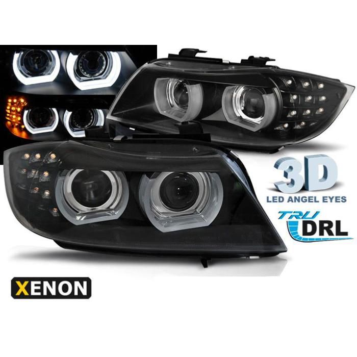 Paire feux phares BMW E90/E91 09-11 Xenon Angel Eyes Led DRL Noir-33021960
