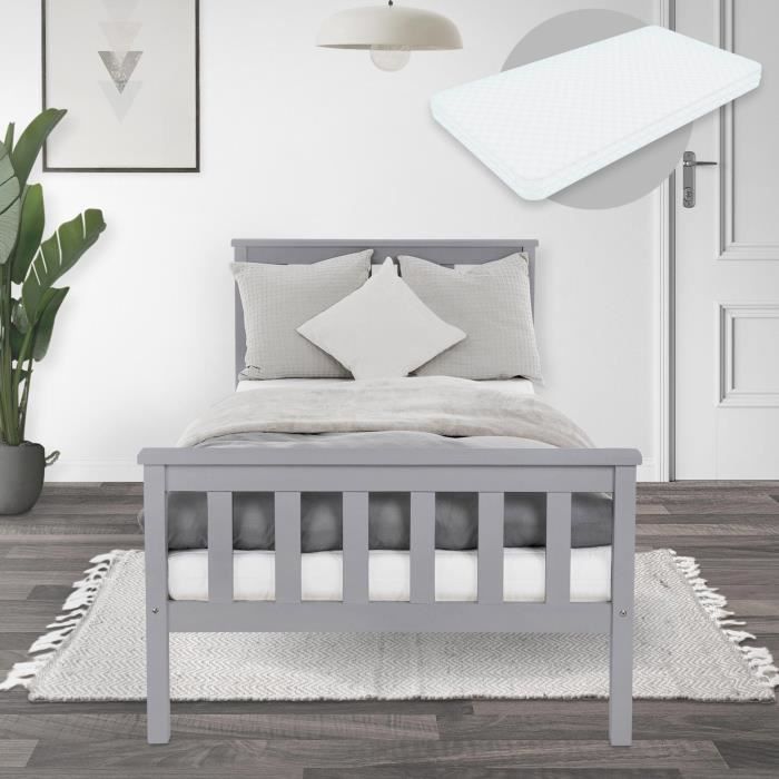 ml-design lit simple 90x200 cm avec cadre de lit et sommier à lattes, bois de pin massif gris clair, avec tête et pieds de lit