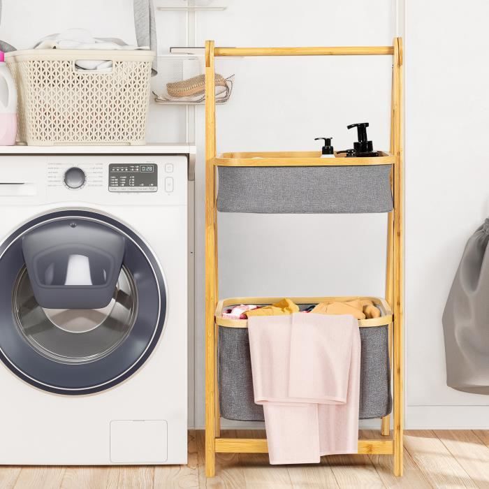 COSTWAY Panier à Linge Pliable 2 Niveaux Srtucture Satble en Bambou 44,5 x 35 x 97,5 CM pour Salle de Bain et Buanderie