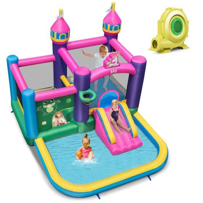 COSTWAY Structure Gonflable avec Gonfleur 680W Piscine à Eclaboussures Maison Latérale Toboggan Aquatique Intérieur-Extérieur