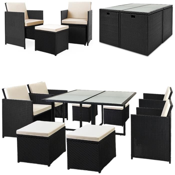 deuba | salon de jardin - polyrotin • set 4+4+1 fauteuils, tabourets et table + coussins | noir, fauteuils encastrables • ensemble