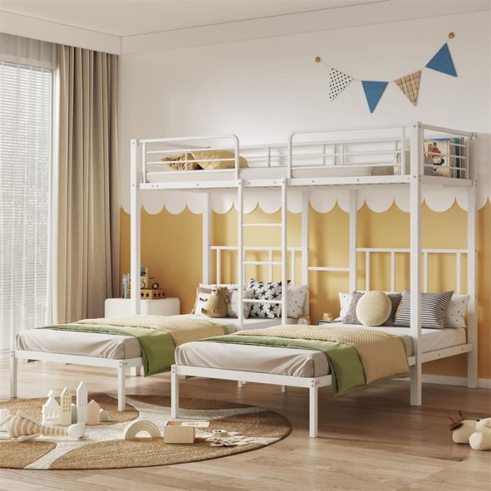 Lit superposé triple avec échelle pour enfants, lit en fer avec grille  antichute et un plateau de table, blanc (90x200cmx3) - Cdiscount Maison