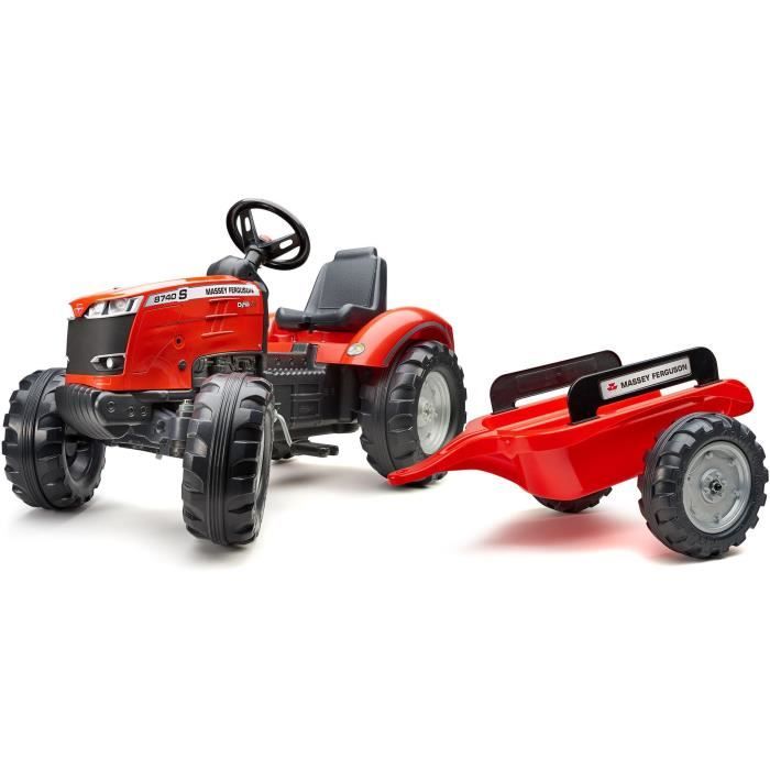 Tracteur à pédales Massey Ferguson - FALK - Volant directionnel Remorque - Fabriqué en France - 60% de plastique recyclé Dès 3 ans