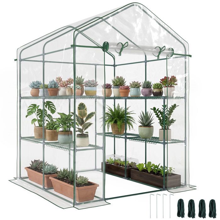 Serre de jardin avec étagères - Outsunny - 3 niveaux porte zippée légumes plantes fleurs - acier - 143x143x195cm - transparent