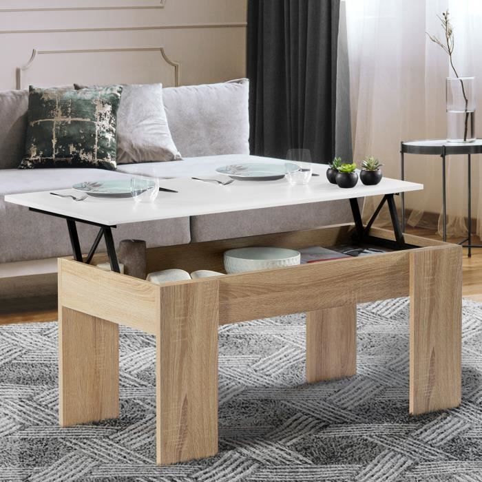 Table Basse Avec Plateau Relevable Bois Blanc Laque Et Imitation