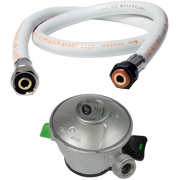 Pack tuyau gaz flexible 2 m + Détendeur Butane à clipser Quick-On Valve  Diam 27mm Avec Sécurité stop gaz - Cdiscount Bricolage