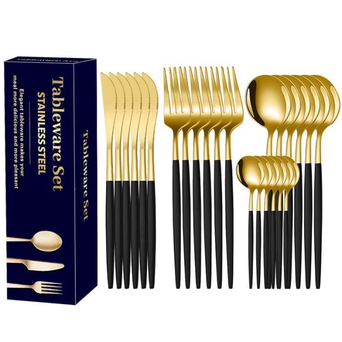 Set de couverts - LECOO - 6 personnes - 24 pièces - acier inoxydable - or et noir
