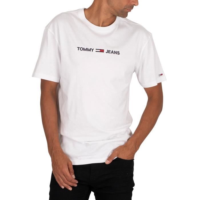 T shirt homme Tommy Jeans Straight Logo Blanc Coton biologique Manches courtes Blanc Cdiscount Pret a Porter