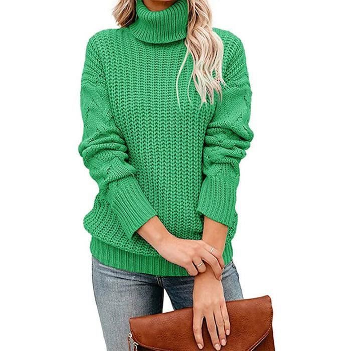 Mode femmes decontracte col roule col roule couleur unie a manches longues pull pull vert Vert Cdiscount Pret a Porter
