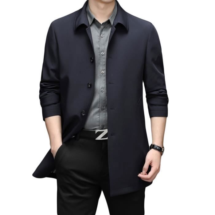 Trench Coat Homme Mi-Longue Business Casual Col Rabattu Couleur Unie - INSFITY - Bleu marine 