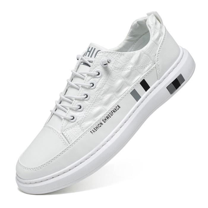 LEOCLOTHO Chaussure de Skate Homme - Blanc - Tige en Polyuréthane - Lacets - Confortable et Tendance