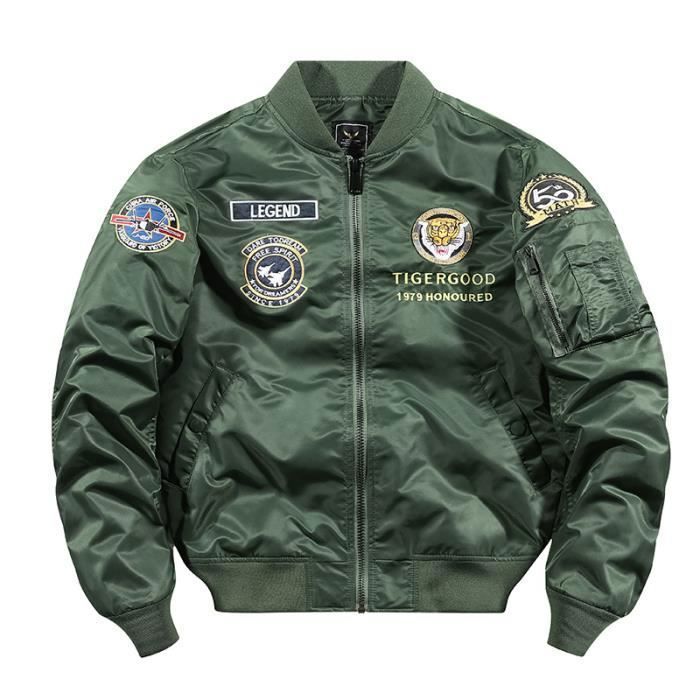 Blouson Bomber Veste Aviateur Homme Printemps et Automne Veste Zippee Broderie Col Officier Vert Cdiscount Pret a Porter