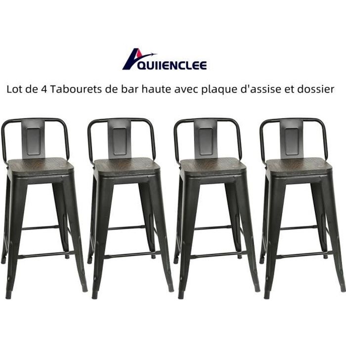 Tabourets de bar haute avec plaque dassise et dossier noir - QUIIENCLEE - Lot de 4 - Industriel - Loft