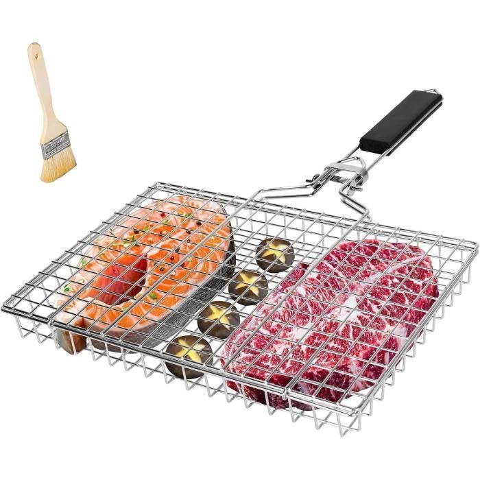 2Pcs Panier Grille Barbecue, Grille pour Barbecue Inox avec Poignée en Bois Amovible, Accessoire Barbecue, Paniers de Cuisson pour Barbecue, Panier Legumes Barbecue pour Extérieur Gril Saucisse Viande