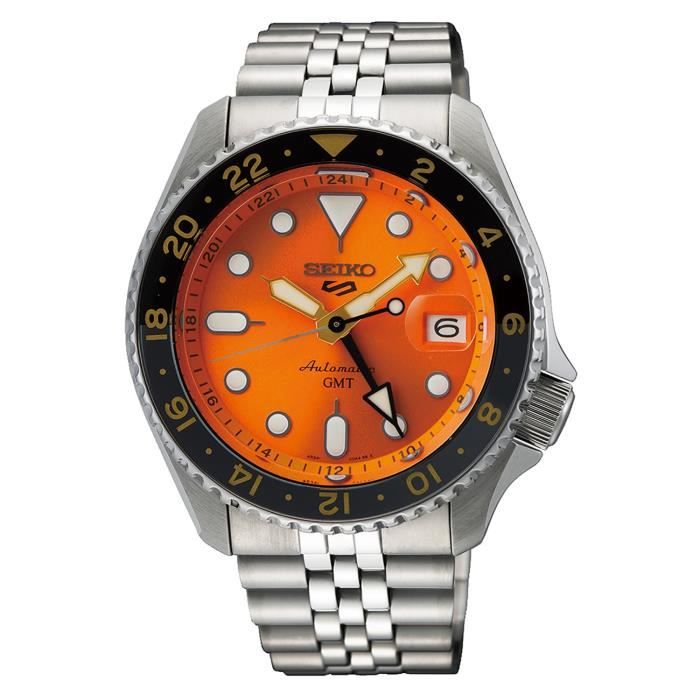 Bracelet acier homme - SEIKO - Montre Seiko 5 automatique GMT acier cadran orange - Couleur de la matière:Blanc