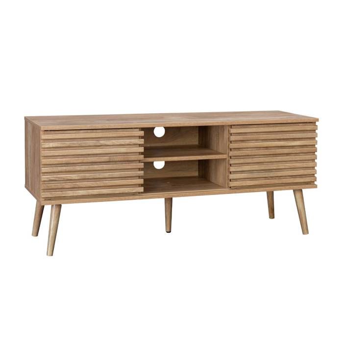 Meuble TV scandinave avec 2 portes décor bois rainuré et 1 niche centrale avec étagère L120cm Meuble TV scandinave avec 2 portes décor bois rainuré et 1 niche centrale avec étagère L120cm