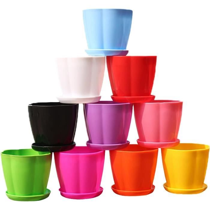 8 Pots De Fleurs 10cm Colorés - Plastique Robustes Avec Soucoupes - Pour Succulentes Cactus