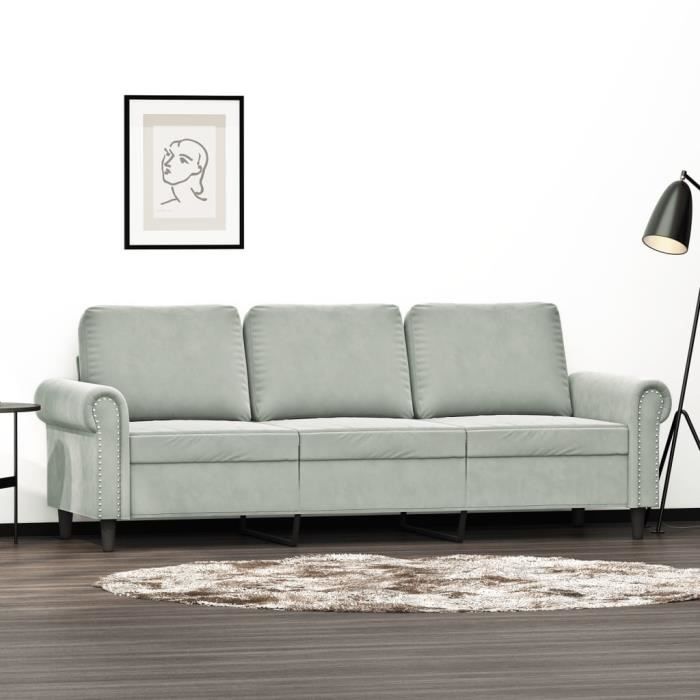 Canapé salon séjour Canapé à 3 places Gris clair 180 cm Velours 212x77x80 cm