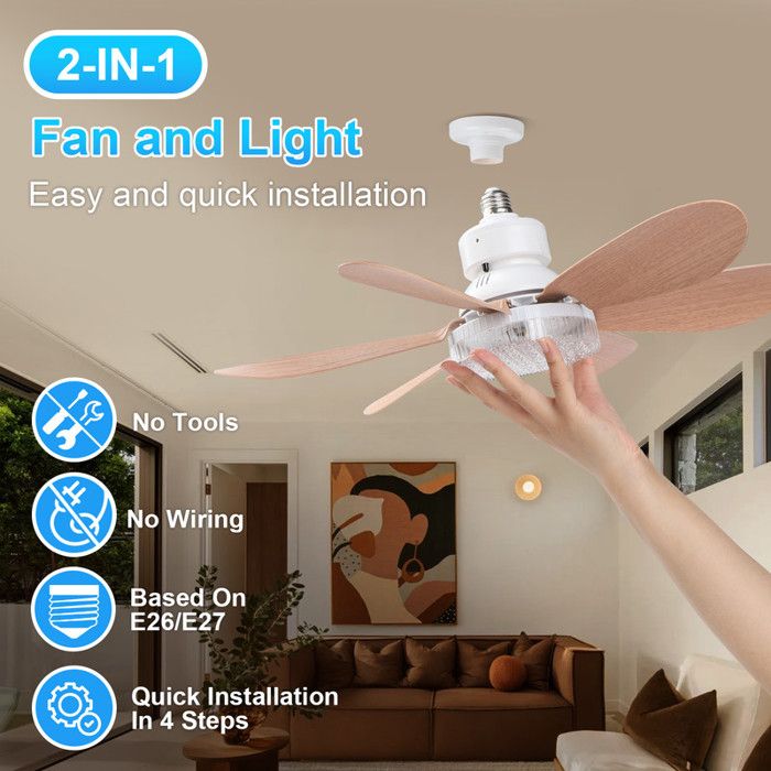 ROSNEK Ventilateur de plafond 52 cm 40W LED dimmable 2000 lm E27 - 3 vitesses, télécommande