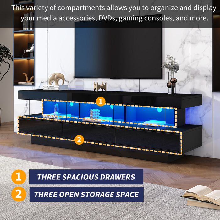Meuble TV Avec Prises Et LED - 160x35x50cm, étagères Verre Amovibles, Rangement Ouvert, Style Vintage Noir/marron