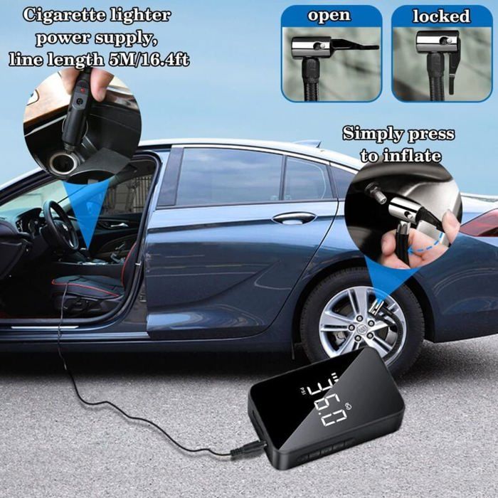 Gonfleur Pneus Sans Fil Numérique - Pompe Rechargeable Avec Arrêt Auto, Lumière, Pour Voiture, Vélo, Moto - 9