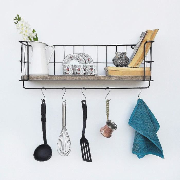 Support Mural Style Français 2 étagères, Porte-assiettes Et Tasses En Métal Et Bois, 38 Pouces