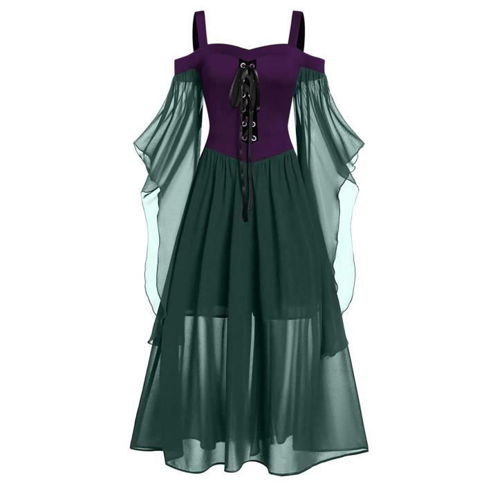 Robe de sorciere Deguisement de Sorciere femme Gothique Cosplay Costume Halloween Medieval Punk Carnaval Vert et Violet Vert violet Cdiscount Pret a Porter