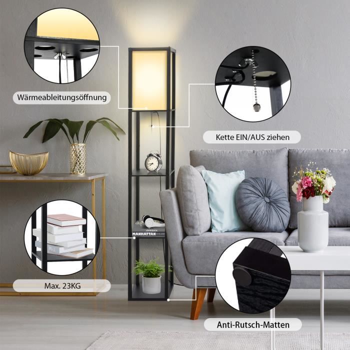 Lampadaire Avec étagère BBHome - Bois Et Métal - 3 Températures De Couleur - Ampoule LED Incluse - Pour Salon/bureau