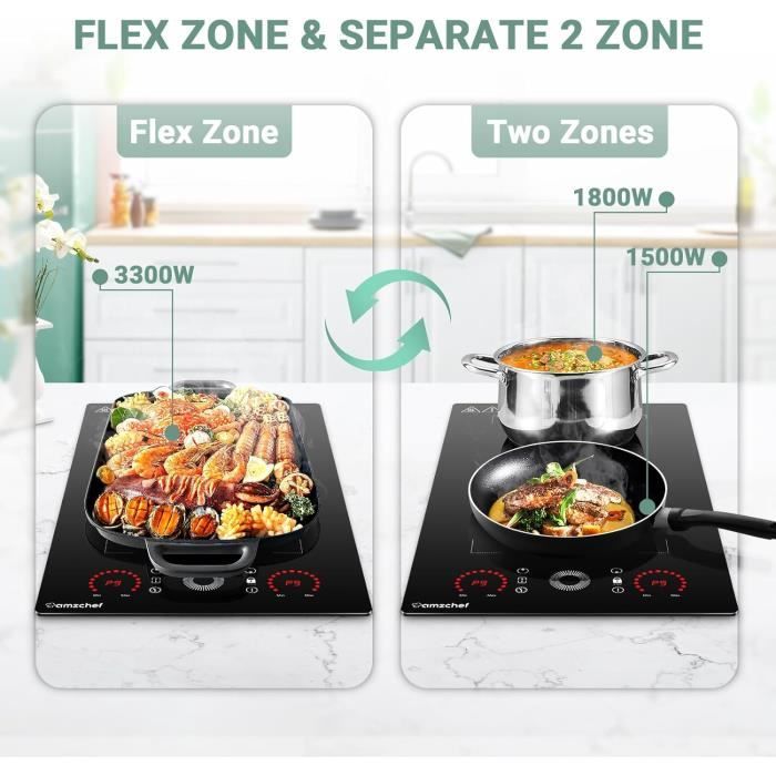 AMZCHEF Plaque Induction 2 Feux Zones Flexibles 3300W - Table Cuisson Encastrable Avec Minuterie Et Sécurité