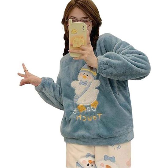 Ensemble Pyjama Femme Hiver En Flanelle Épais à Capuche Et Manches Longues Avec Pantalon - * Couches