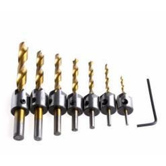 Set 7 Forets à Chanfreiner 3-10 Mm Acier Carbone - Outil Alésage, Chanfrein, Ébavurage Bois Et Plastique Avec Clé Hexagonale