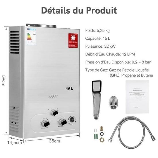 BreeRainz Chauffe-eau à Gaz Instantané,Capacité De 20L,Puissance 40KW,Chauffe-eau Propane Butane