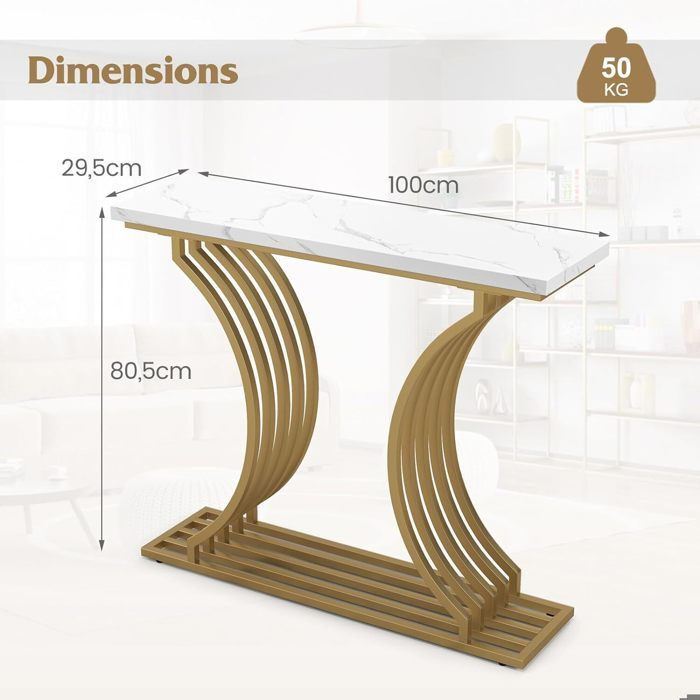 Table Console 2 Niveaux Style Marbre Doré 110x40x90cm - Meuble Entrée Salon Couloir