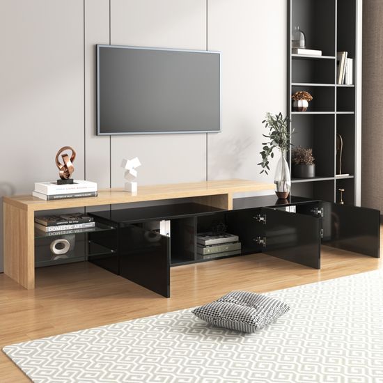 Meuble TV Blanc Brillant 160 Cm Avec éclairage LED Connecté - Moderne, 3 Compartiments Verre, Parfait Pour TV Jusqu'à 70 Pouces