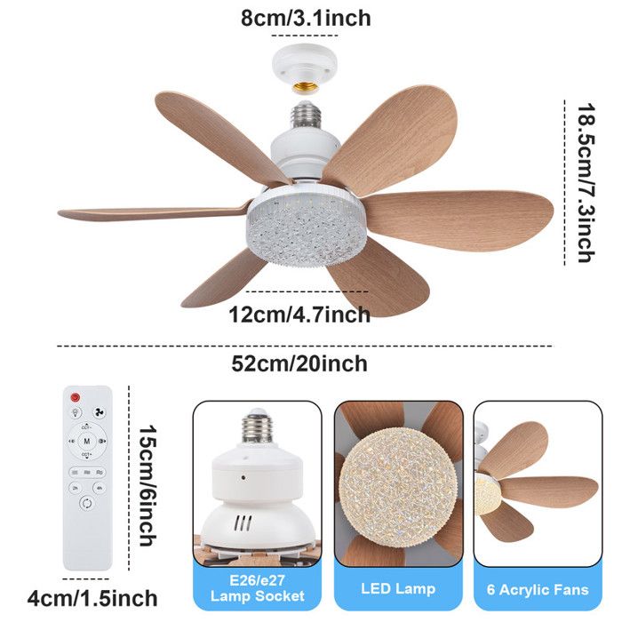 ROSNEK Ventilateur de plafond 52 cm 40W LED dimmable 2000 lm E27 - 3 vitesses, télécommande