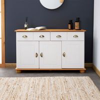 Buffet COLMAR commode bahut vaisselier meuble bas rangement avec 2 tiroirs et 3 portes, en pin massif lasuré blanc et brun