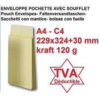 Lot de 50 enveloppe - pochette a soufflet C4 229 X 324 + 30 MM papier kraft marron ecru 120g fermeture bande adhésive autocollante