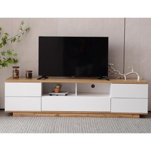 MEUBLE TV Meuble TV finition haute brillance grain de bois couleur moderne assortie 180 cm couleur bois et blanc