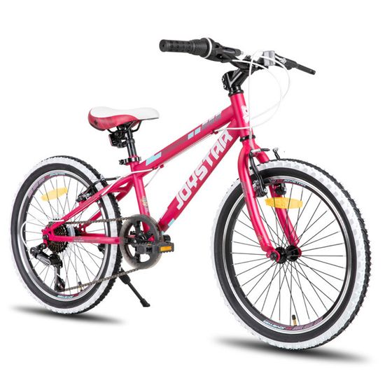 JOYSTAR Velo de montagne 20 pouces pour garcons et filles 7 12 ans derailleur 7 vitesse pneus a flancs blancs rose