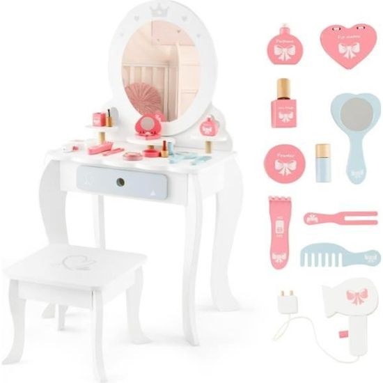 Coiffeuse Enfant Fille 3-7 Ans Dreamade - Bureau 2-en-1 Avec Miroir Et Tabouret - Blanc/naturel