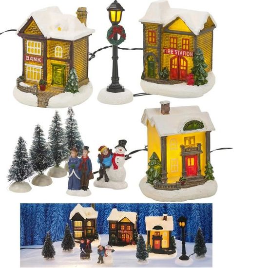 Lot De 3 Maisons De Noël Lumineuses En Bois LED - Miniatures Décoratives, Piles Incluses, Allumage Par Bouton - 10