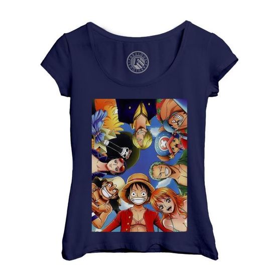 T-shirt Femme Col Echancré Bleu One Piece Equipage Pirate Selfie Manga