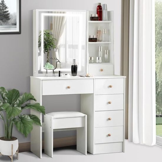 Coiffeuse Avec Miroir Lumineux, 4 Tiroirs Et 7 Étagères, Coiffeuse Avec ...