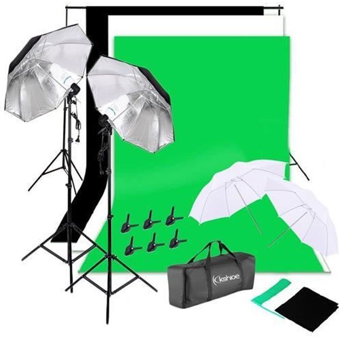 Kit Studio Photo Professionnelle avec Système de Fond 2 x 3 m, 2 Éclairage 135W Ampoule et 1 Sac de Transport