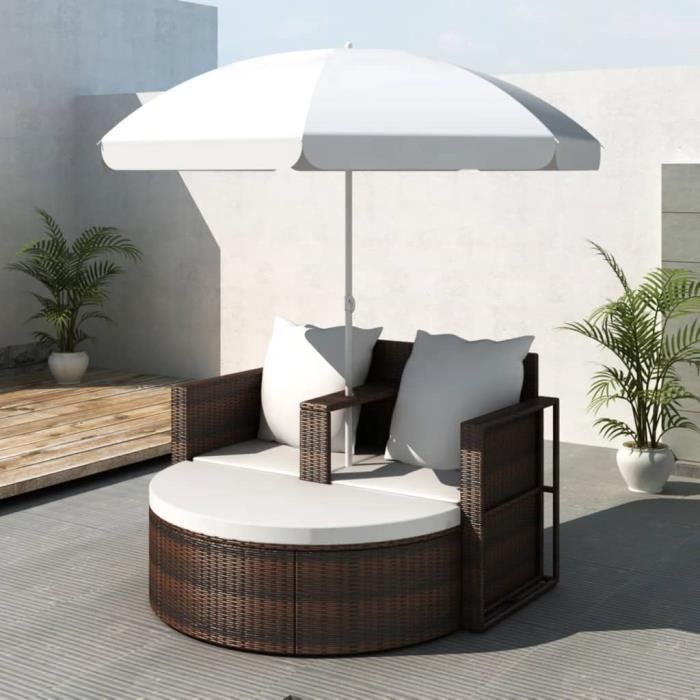 Lit de jardin avec parasol Marron Résine tressée Poids:23,96