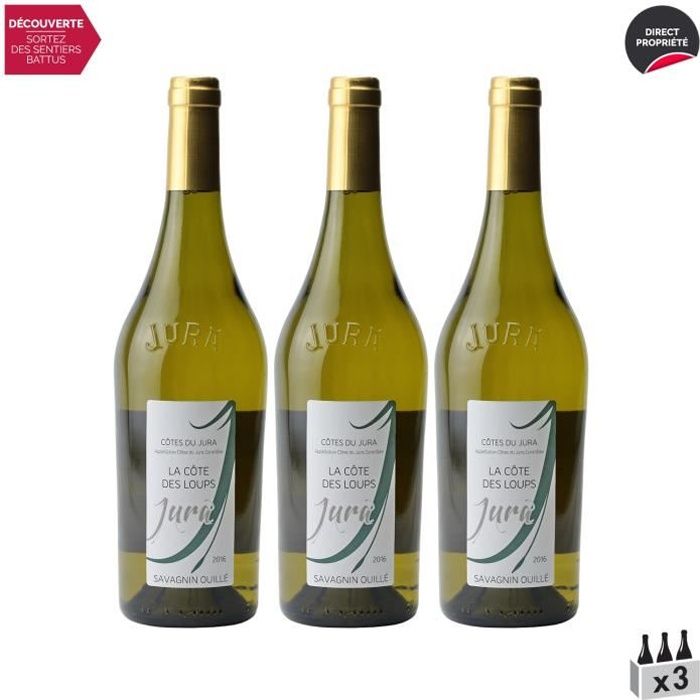 Côtes du Jura Savagnin Ouillé Blanc 2016 - Lot de 3x75cl - La Côte des Loups - Vin AOC Blanc du Jura - Cépage Savagnin