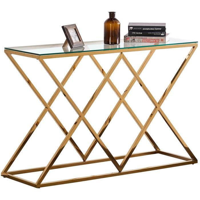Console design en acier doré avec plateau en verre transparent collection ROMA L. 120 x P. 40 x H. 78 cm Or, Transparent